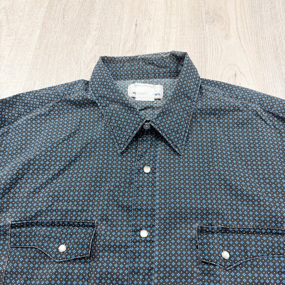 Vintage Wrangler Wrancher Shirt Men's XL Black Blue Snap Button Geometric 90s - Picture 1 of 7